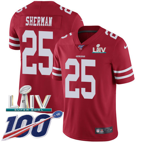 San Francisco 49ers Nike #25 Richard Sherman Red Super Bowl LIV 2020 Team Color Youth Stitched NFL 100th Season Vapor Limited Jersey->youth nfl jersey->Youth Jersey